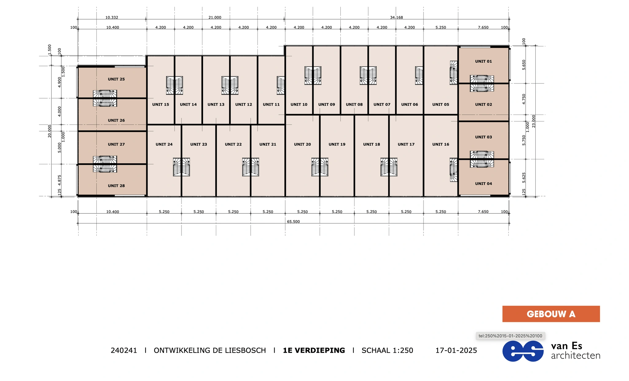 Plattegrond van de eerste verdieping van gebouw A in de ontwikkeling De Liesbosch met 28 genummerde units.
